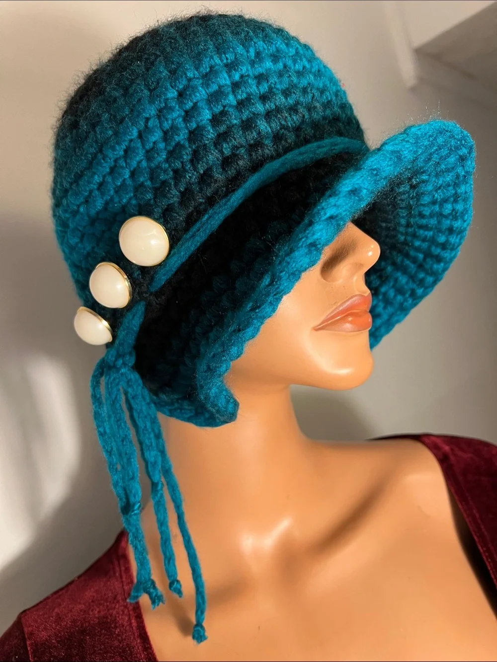 Hand-Knit Teal Cloche Hat with Velvet Band and Button Trim